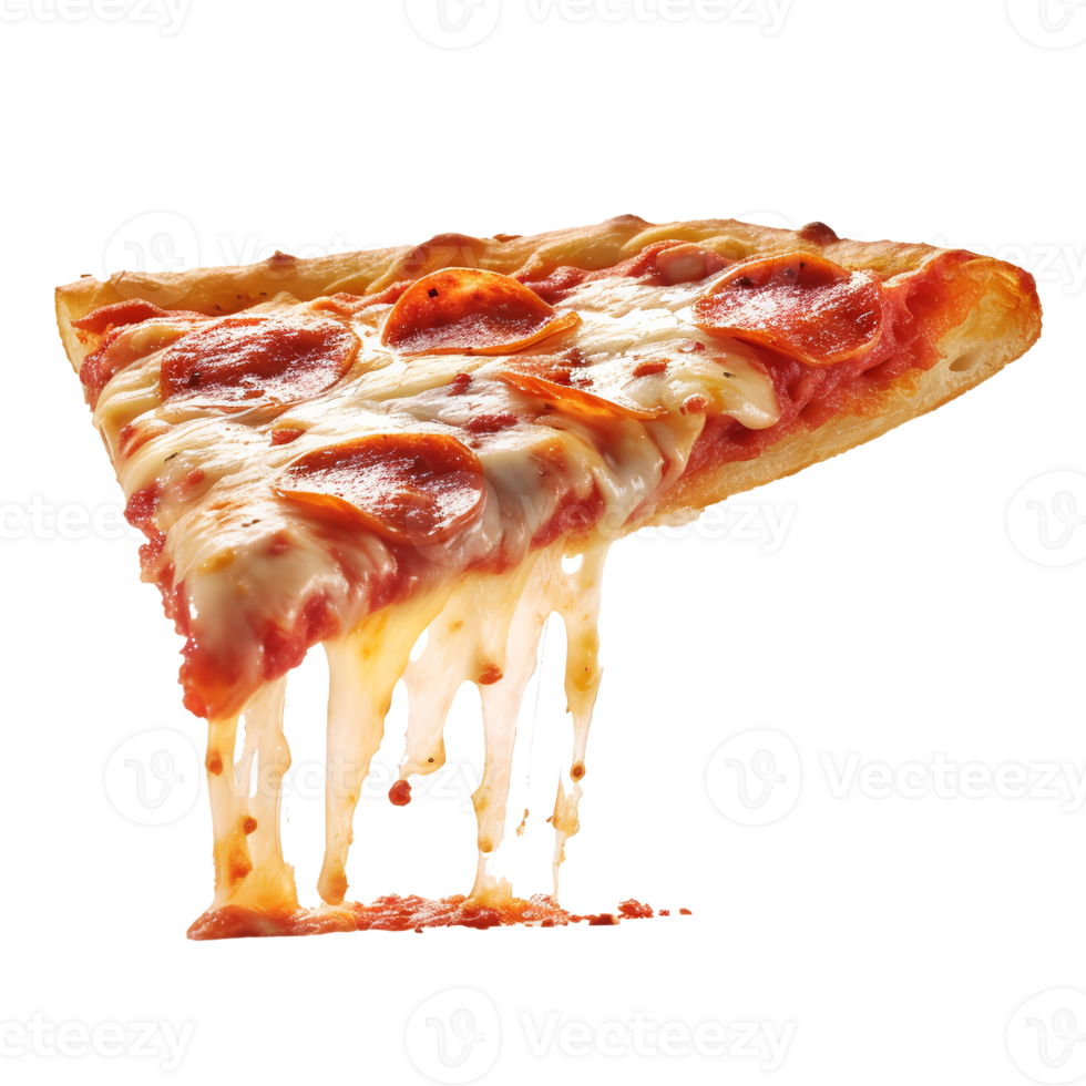 A slice of hot pizza with stretchy cheese, Slice of fresh italian classic original Pepperoni Pizza, . png