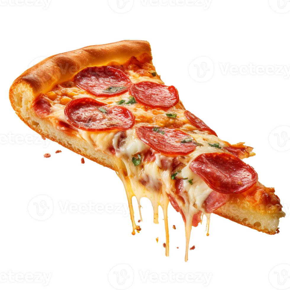 A slice of hot pizza with stretchy cheese, Slice of fresh italian classic original Pepperoni Pizza, . png