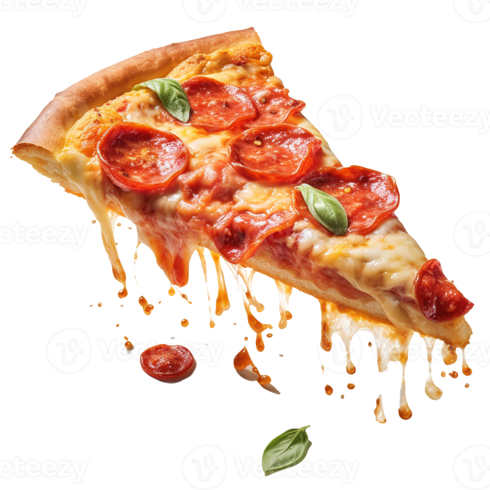 A slice of hot pizza with stretchy cheese, Slice of fresh italian classic original Pepperoni Pizza, . png