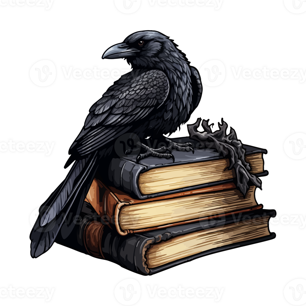 occult witchcraft raven crow spirit animal, dark raven sits on books, . png