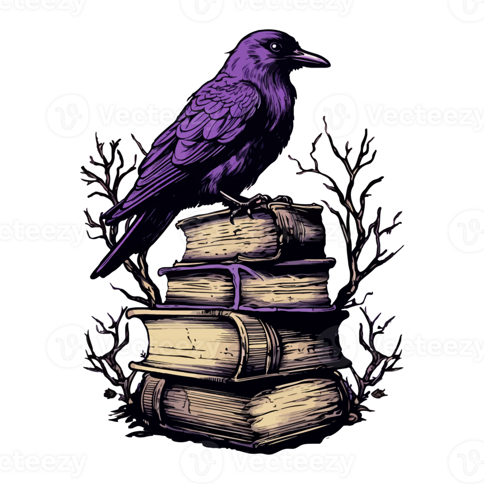 oculto feitiçaria Raven Corvo espírito animal, Sombrio Raven senta em livros, generativo ai. png