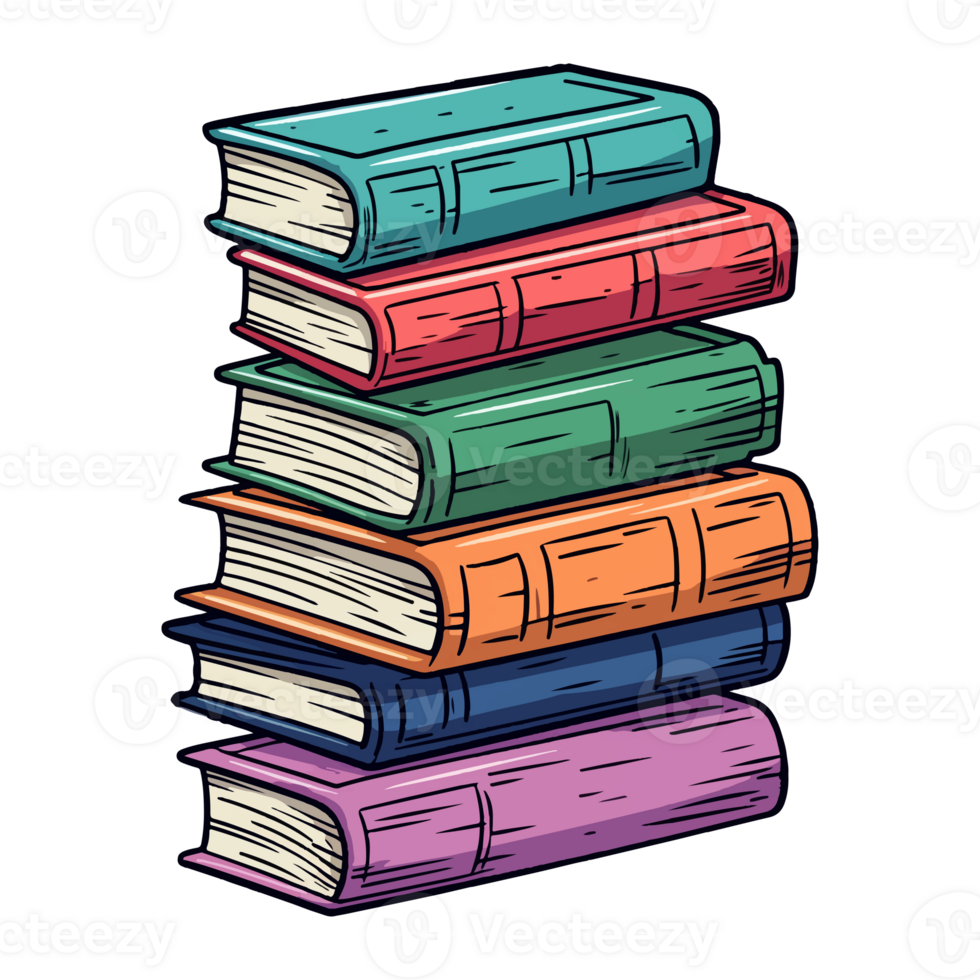 Hand Drawn pile of books, sticker of a cartoon stack of books, . png