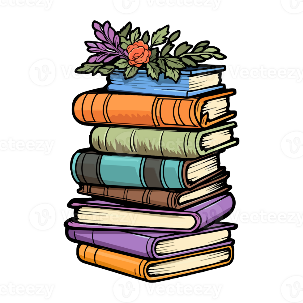 Hand Drawn pile of books, sticker of a cartoon stack of books, . png