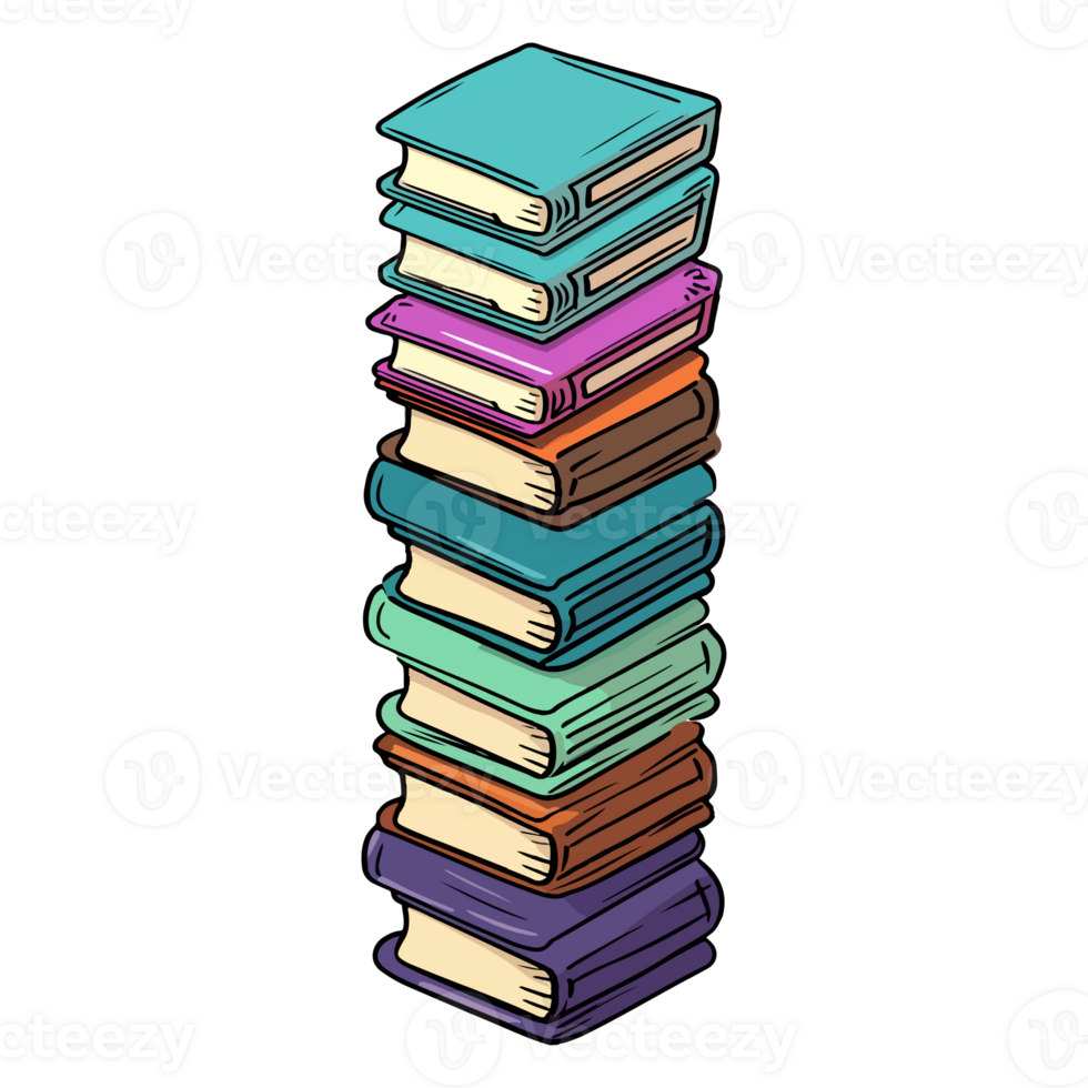 Hand Drawn pile of books, sticker of a cartoon stack of books, . png