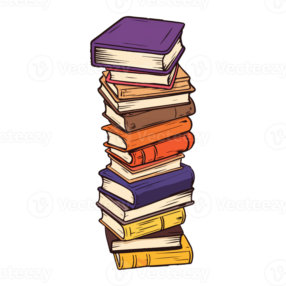 Hand Drawn pile of books, sticker of a cartoon stack of books, . png