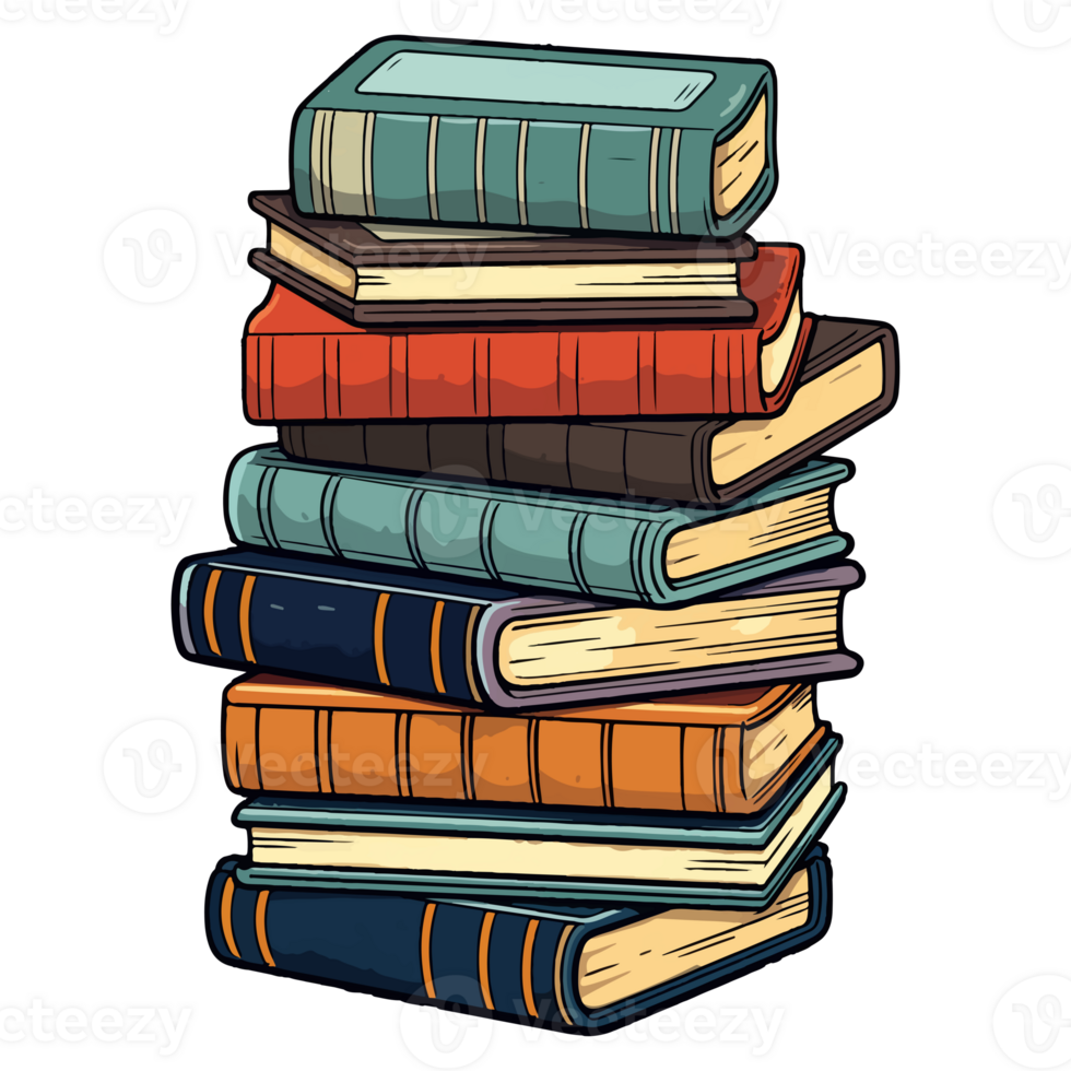 Hand Drawn pile of books, sticker of a cartoon stack of books, . png