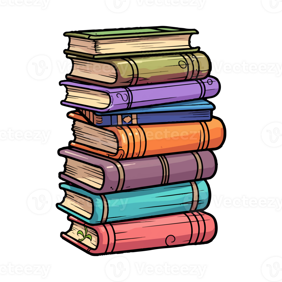Hand Drawn pile of books, sticker of a cartoon stack of books, . png