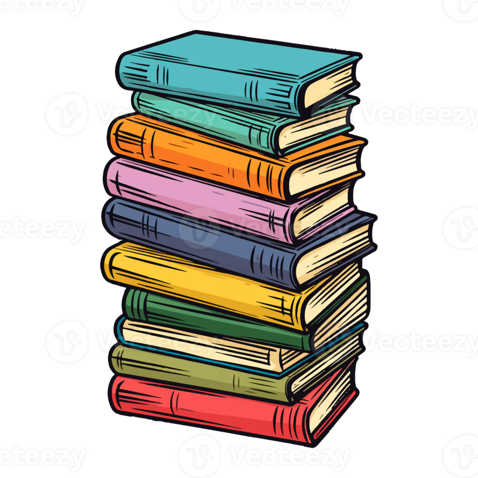 Hand Drawn pile of books, sticker of a cartoon stack of books, . png