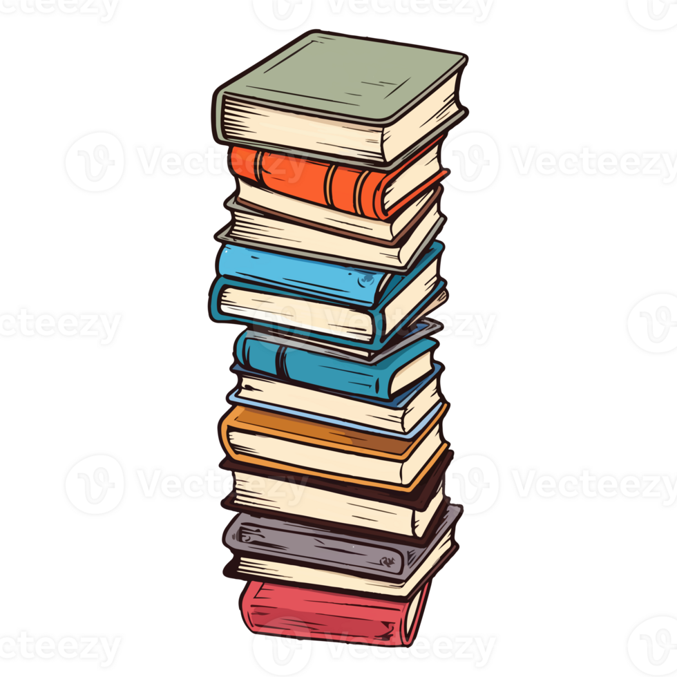 Hand Drawn pile of books, sticker of a cartoon stack of books, . png