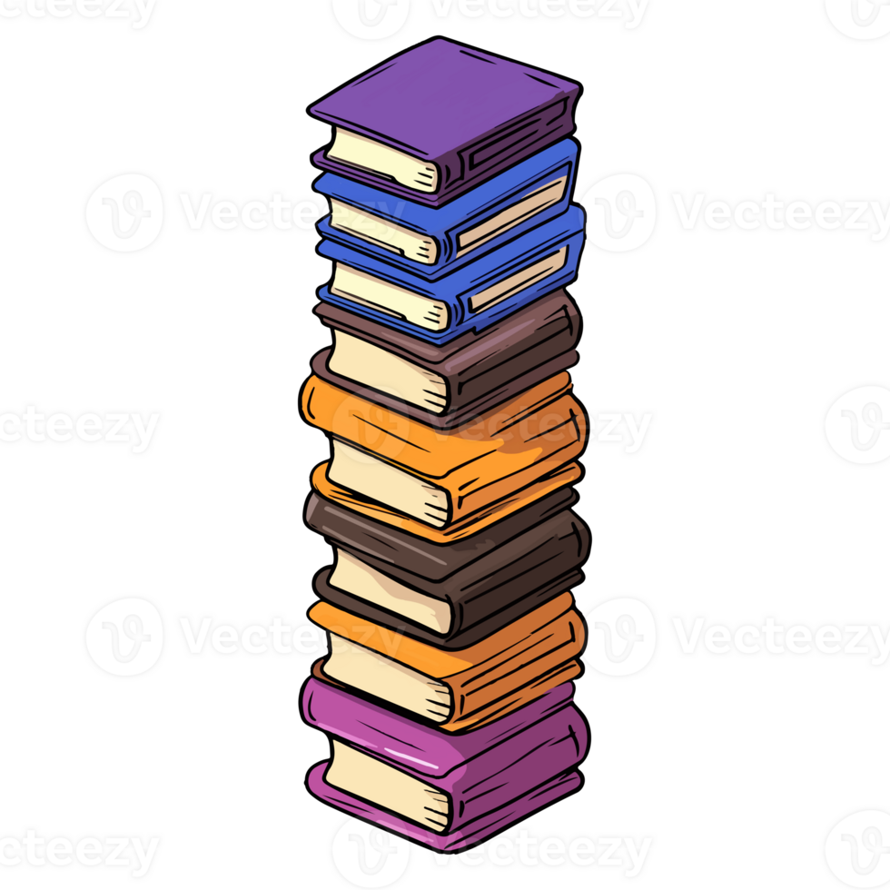 Hand Drawn pile of books, sticker of a cartoon stack of books, . png