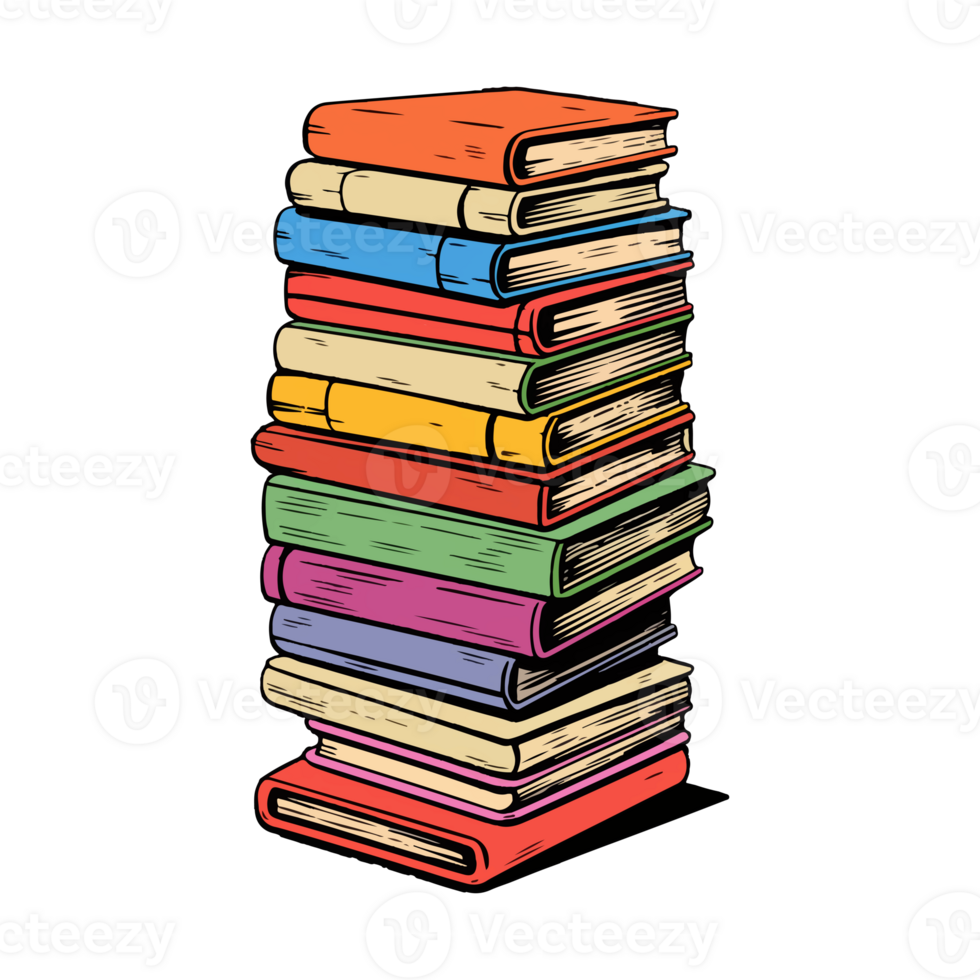 Hand Drawn pile of books, sticker of a cartoon stack of books, . png