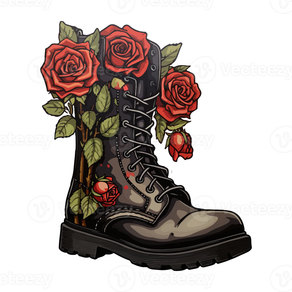 bottes avec des roses à l'intérieur, Arrêtez le guerres. militaire bottes. militaire démarrage avec Floraison à l'intérieur. monde paix. rouge des roses. armée bottes, génératif ai. png