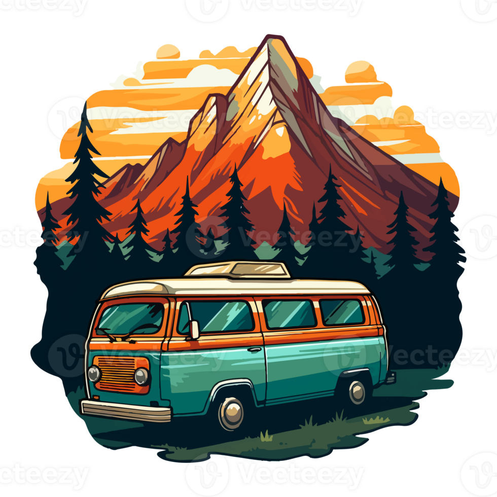 Retro camper vans in forest cartoon sticker, campers collection, . png