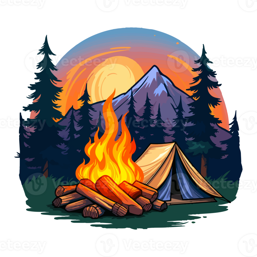 Campfire in forest cartoon sticker, campers collection, generative ai. png