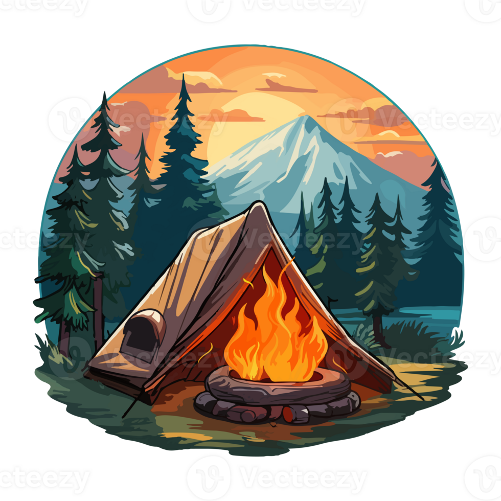 Campfire in forest cartoon sticker, campers collection, generative ai. png