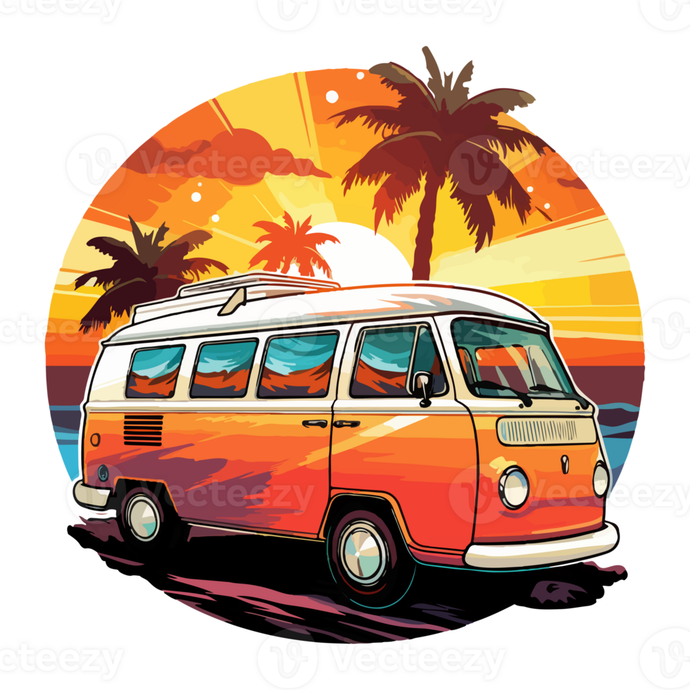 Summer Camper Van, camping on the sunset coast with car, palm trees, generative ai. png