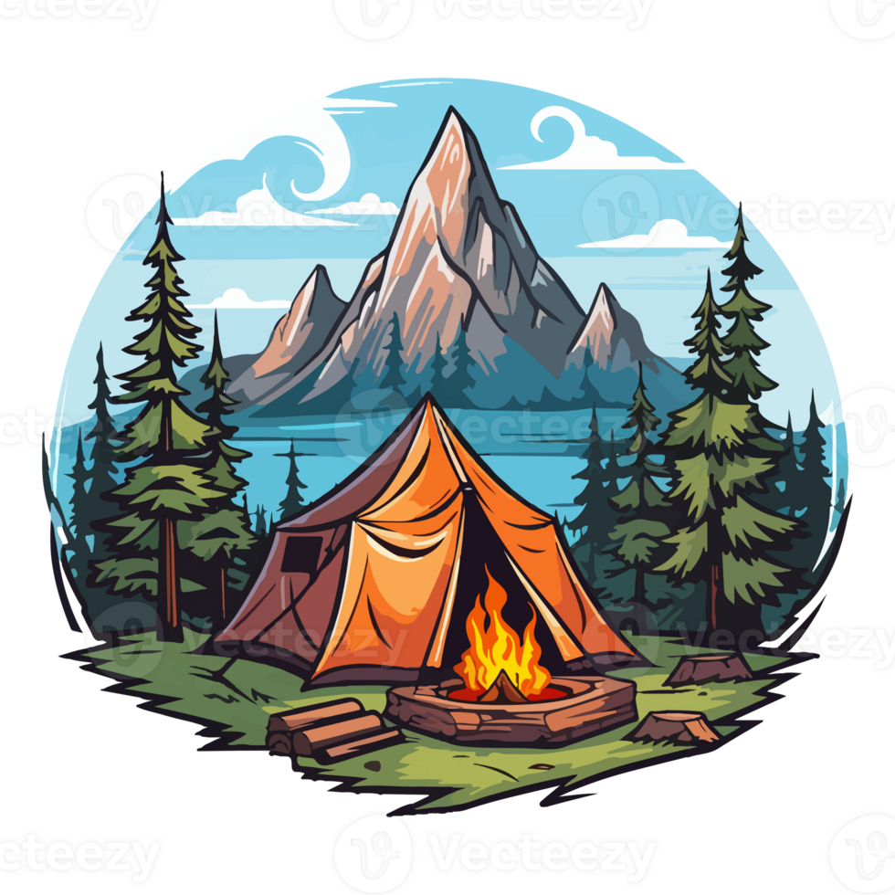 Campfire in forest cartoon sticker, campers collection, generative ai. png