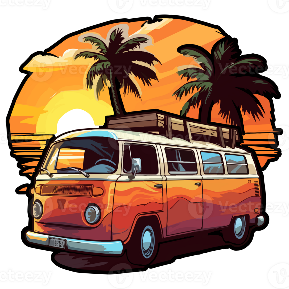 Summer Camper Van, camping on the sunset coast with car, palm trees, generative ai. png