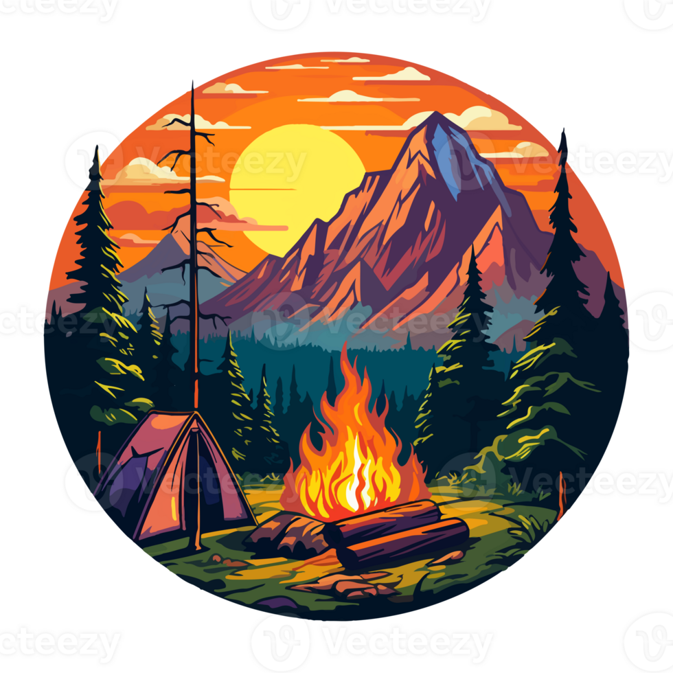 Campfire in forest cartoon sticker, campers collection, generative ai. png