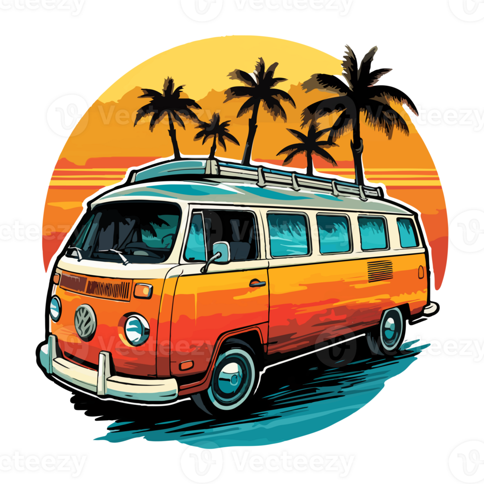 Summer Camper Van, camping on the sunset coast with car, palm trees, generative ai. png