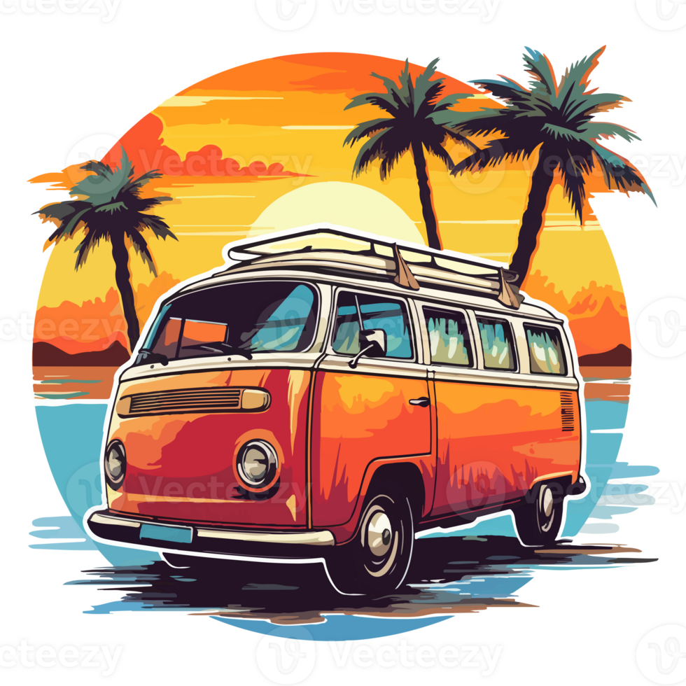 Summer Camper Van, camping on the sunset coast with car, palm trees, . png