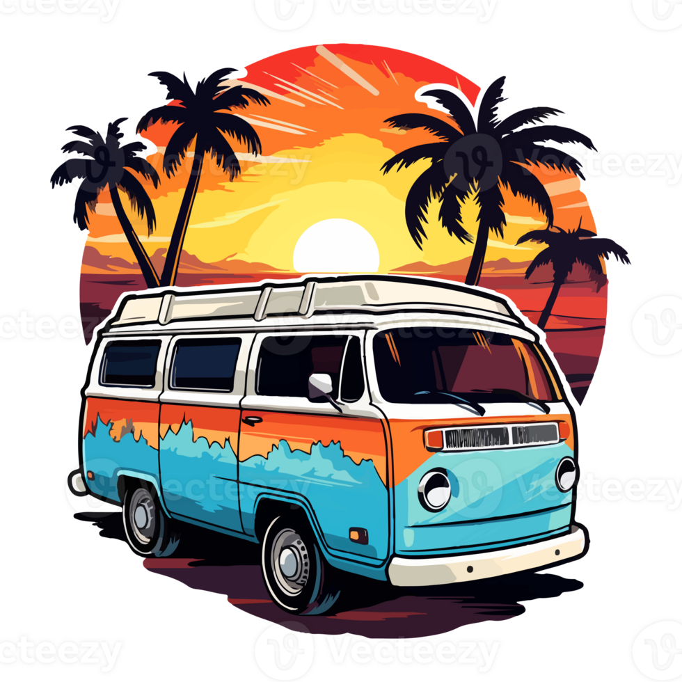 Summer Camper Van, camping on the sunset coast with car, palm trees, generative ai. png