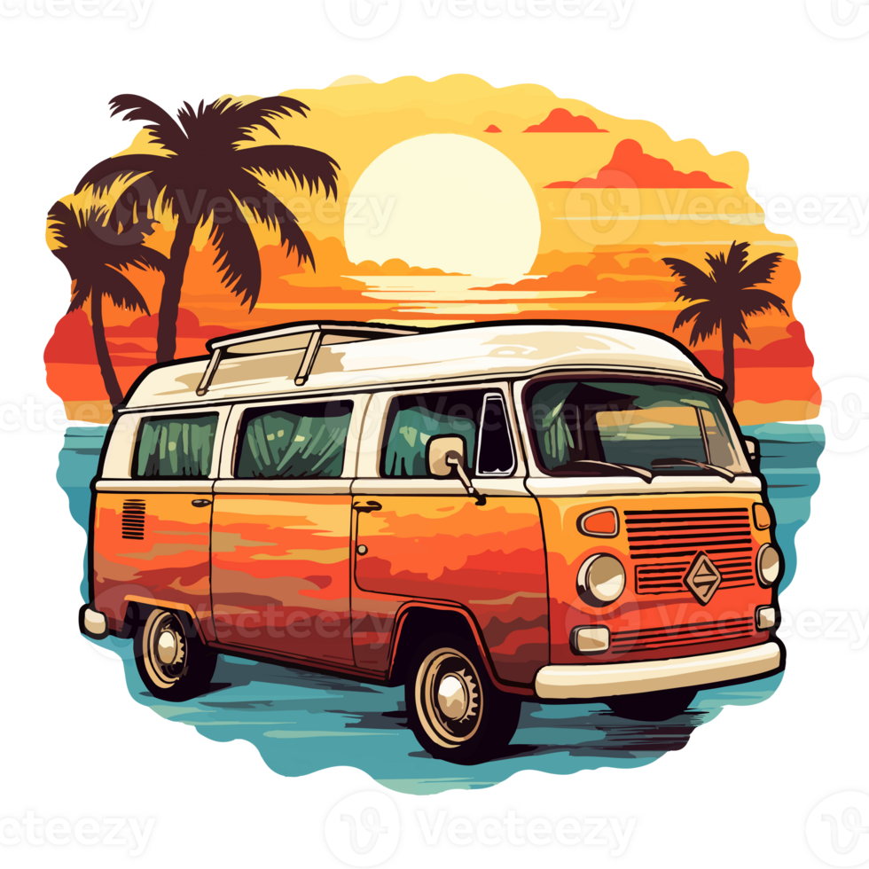 Summer Camper Van, camping on the sunset coast with car, palm trees, generative ai. png