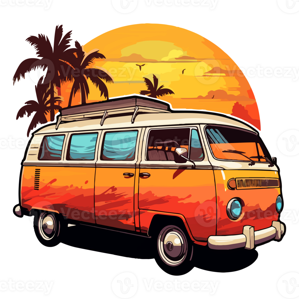 Summer Camper Van, camping on the sunset coast with car, palm trees, generative ai. png