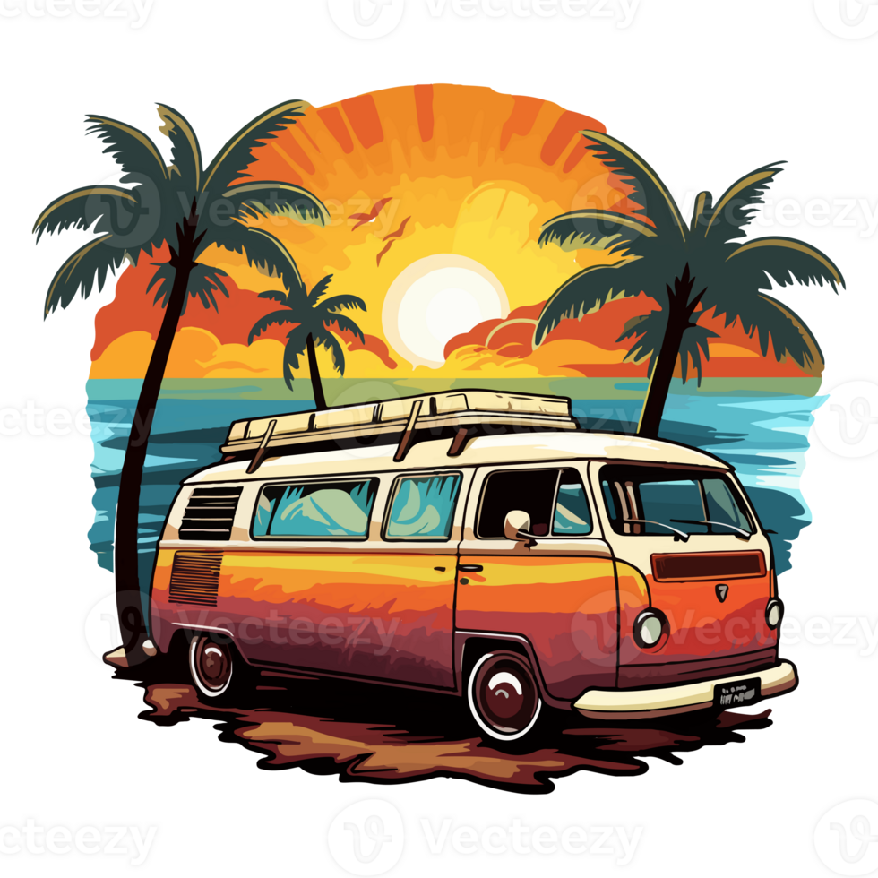 Summer Camper Van, camping on the sunset coast with car, palm trees, generative ai. png