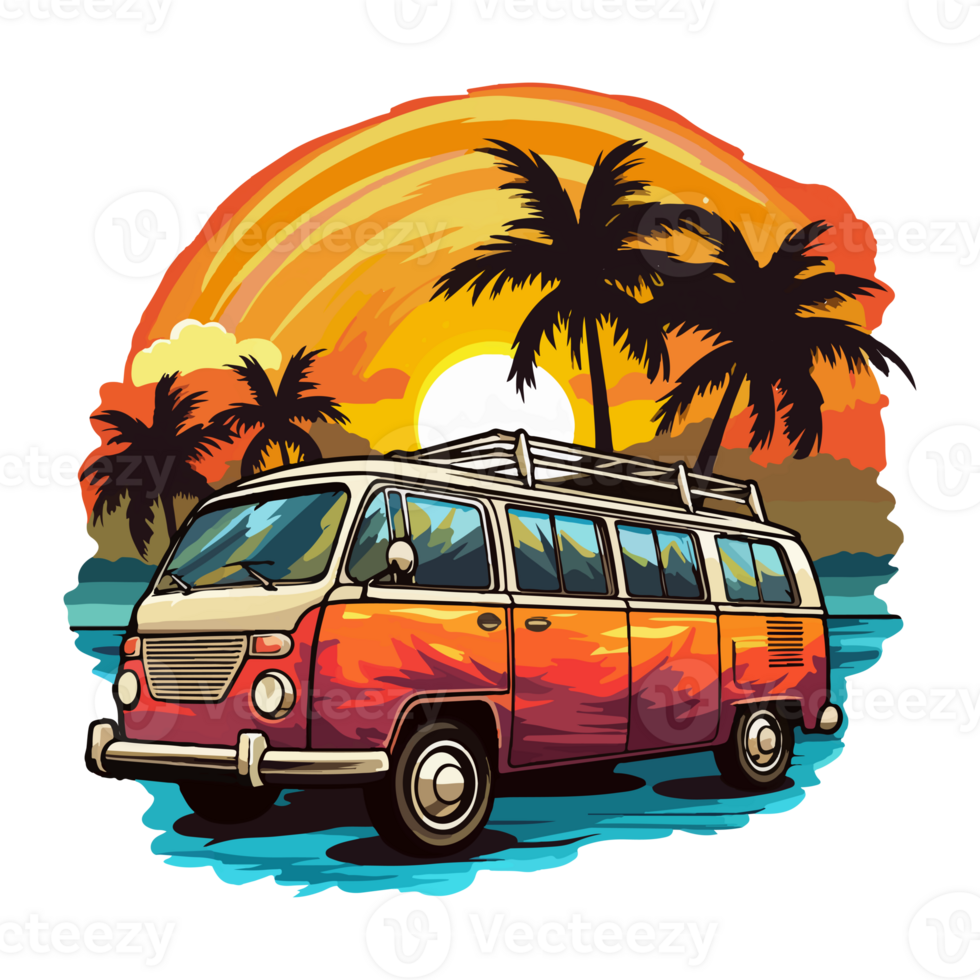 Summer Camper Van, camping on the sunset coast with car, palm trees, generative ai. png