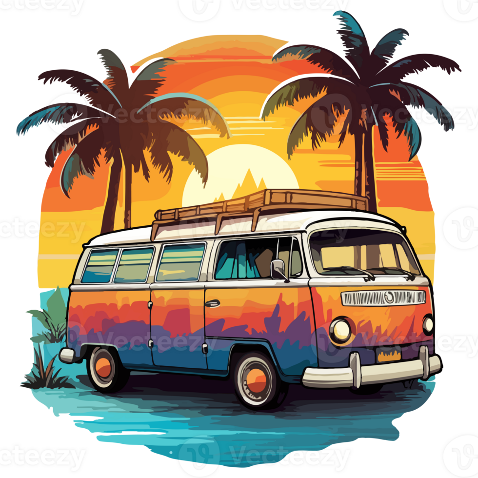 Summer Camper Van, camping on the sunset coast with car, palm trees, generative ai. png