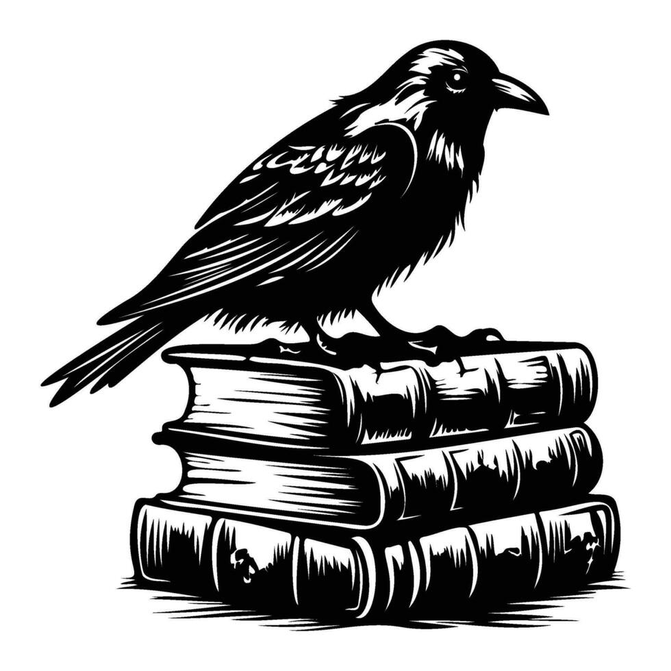 Occult witchcraft raven crow spirit animal, dark raven sits on books vector