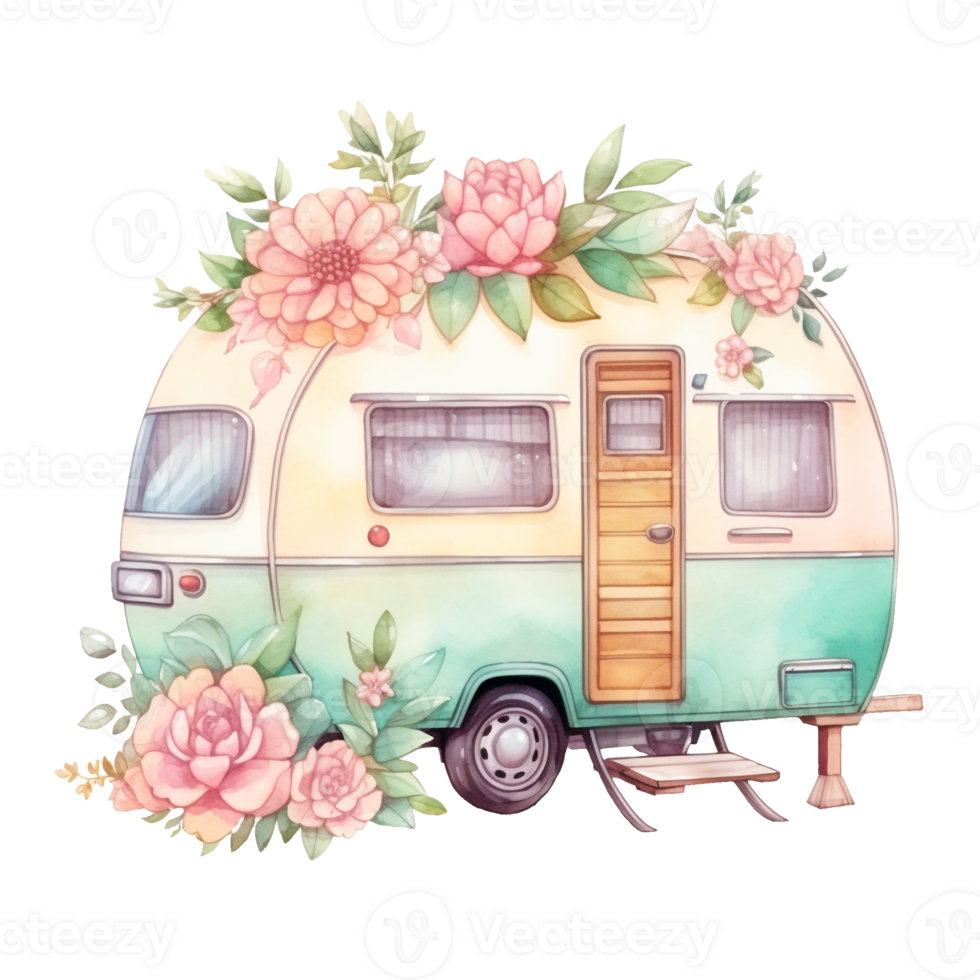 super schattig voorjaar caravan, zomer vakantie caravan op reis waterverf, vrachtauto reis, reizen aanhangwagen waterverf illustratie. png