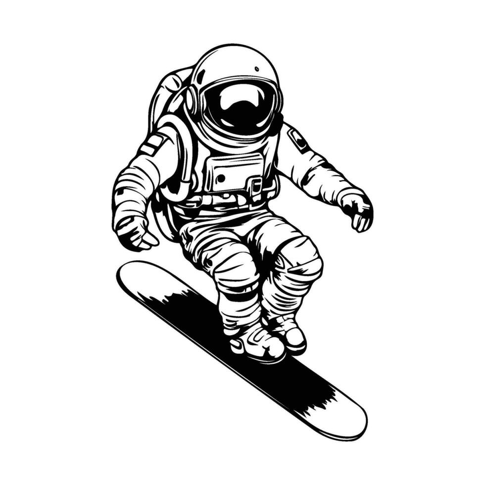 astronauta en snowboarder en espacio, astronauta en un surf tablero dibujos animados vector