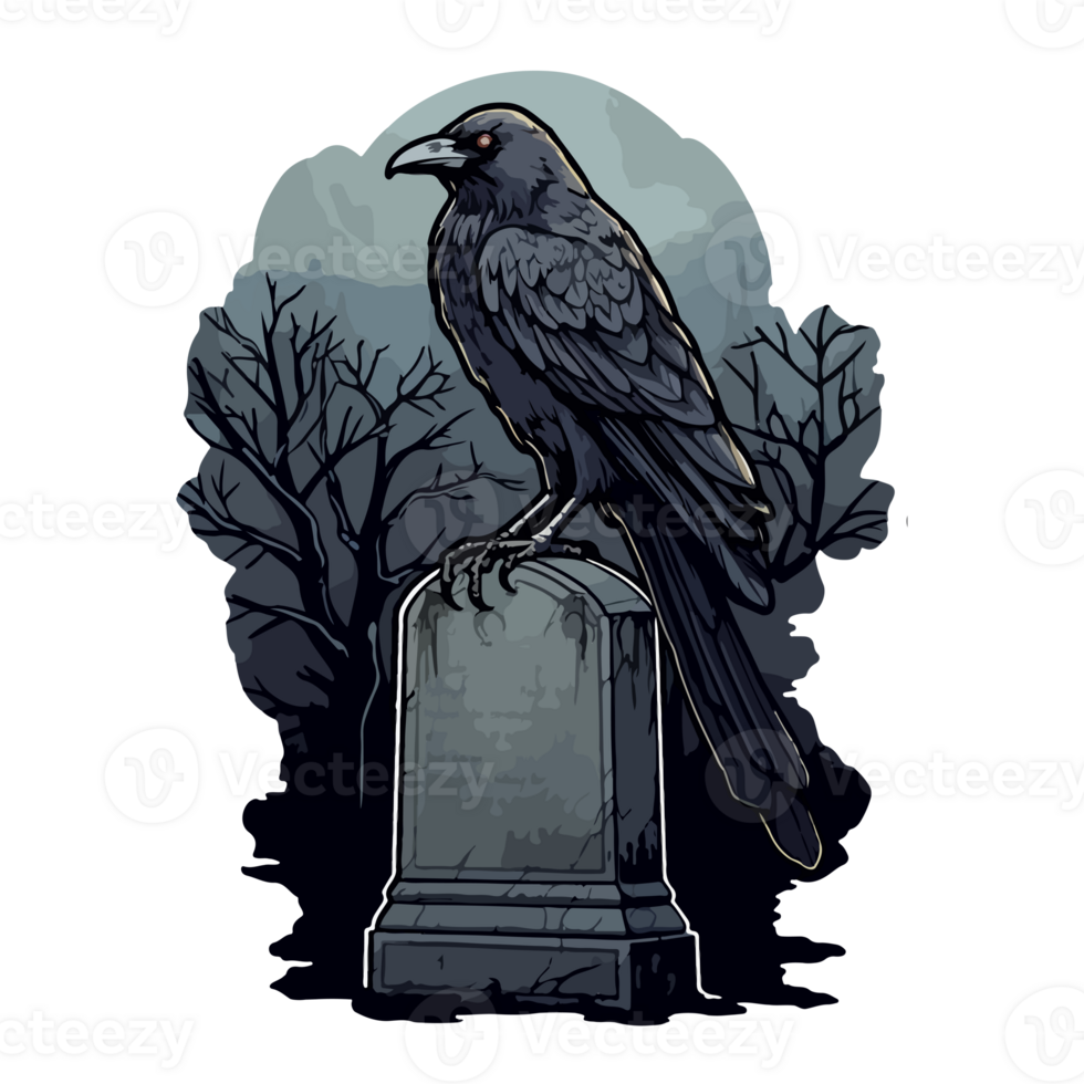 skrämmande korp stående på gravsten, korp av en grav eller kyrkogård, halloween png