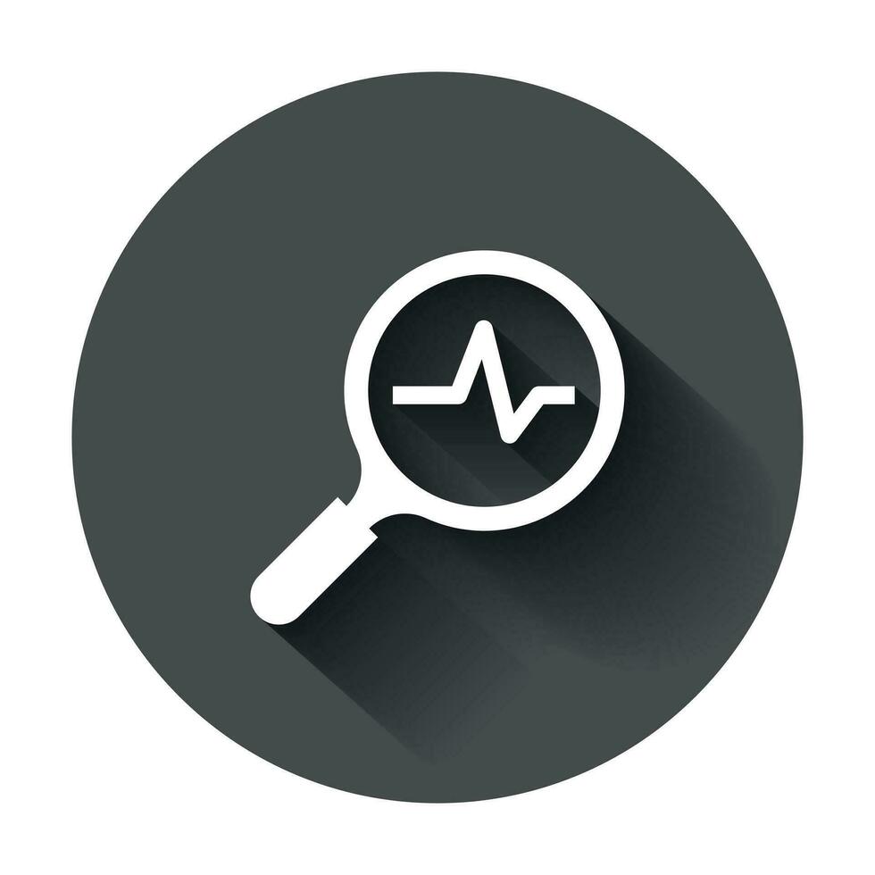 Magnifying glass icon with pulse. Vector illustration with long shadow. Business concept loupe analysis pictogram.