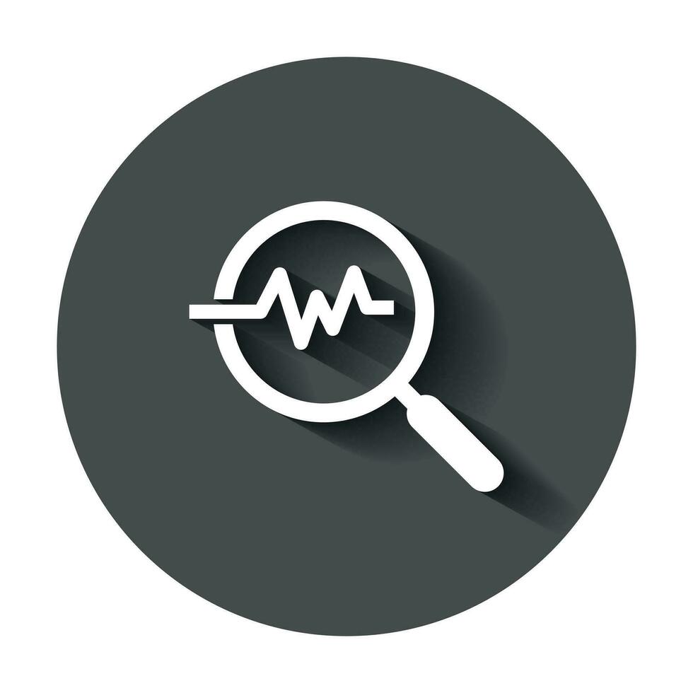 Magnifying glass icon with pulse. Vector illustration with long shadow. Business concept loupe analysis pictogram.