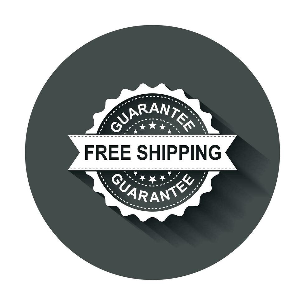 Free shipping grunge rubber stamp. Vector illustration with long shadow. Business concept guarantee free delivery stamp pictogram.