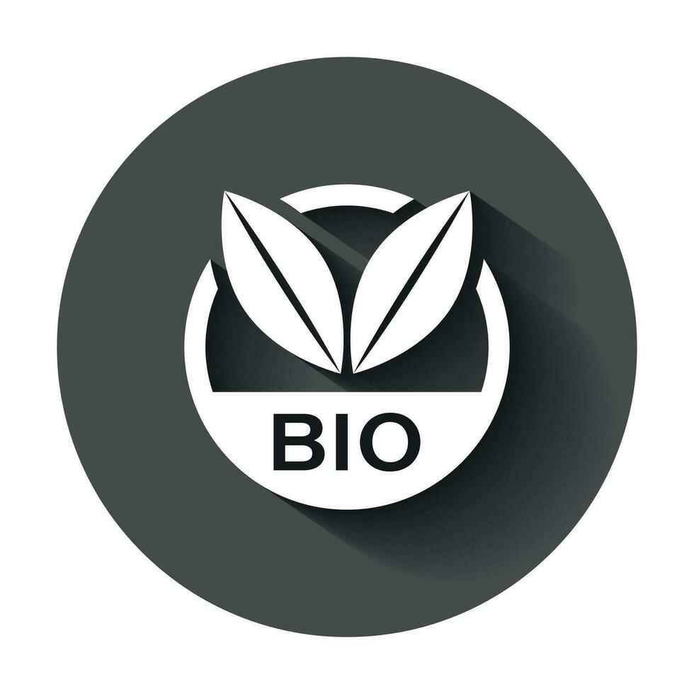 Bio label badge vector icon in flat style. Eco organic product stamp illustration with long shadow. Eco natural food concept.