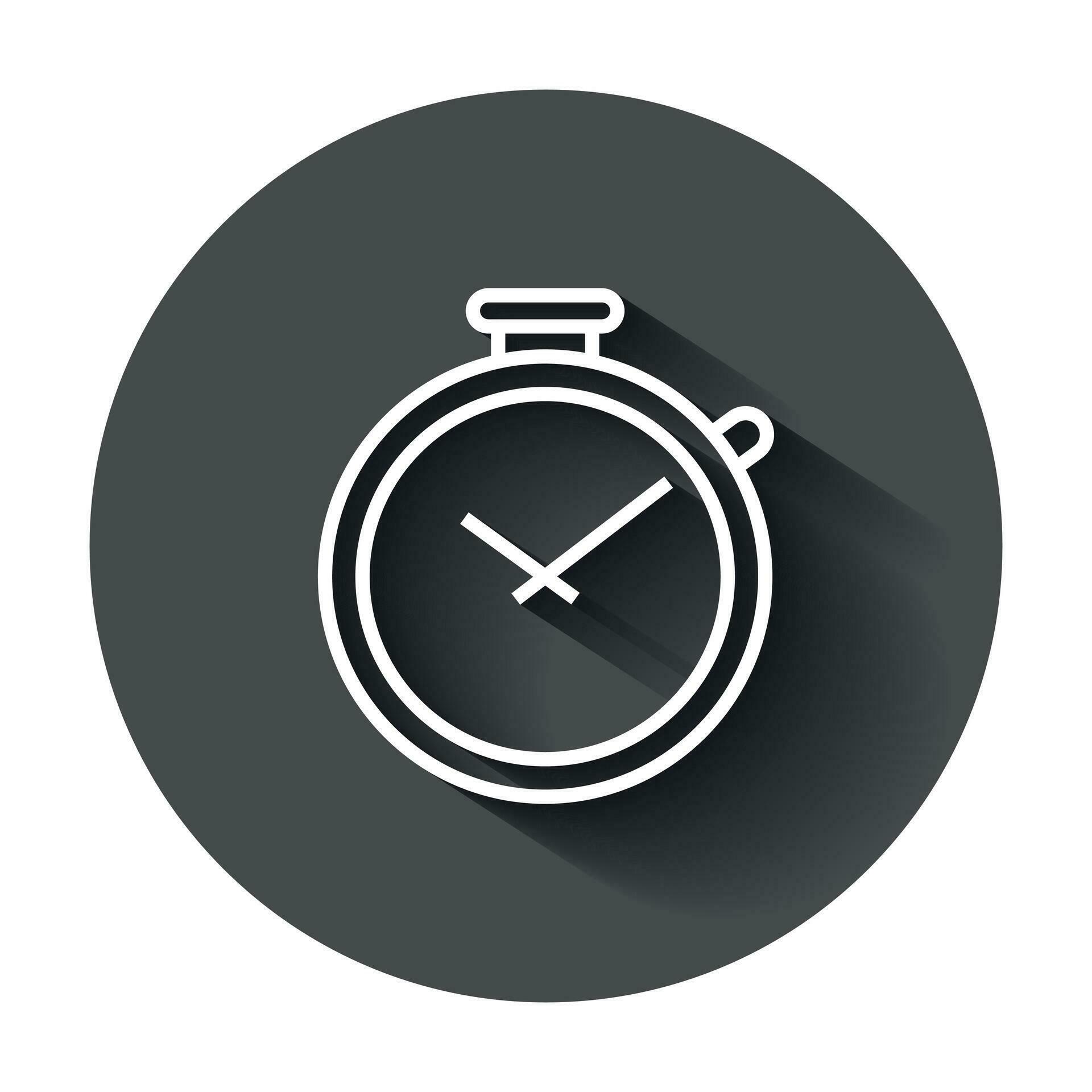Clock timer icon in flat style. Time alarm illustration with long shadow. Stopwatch clock