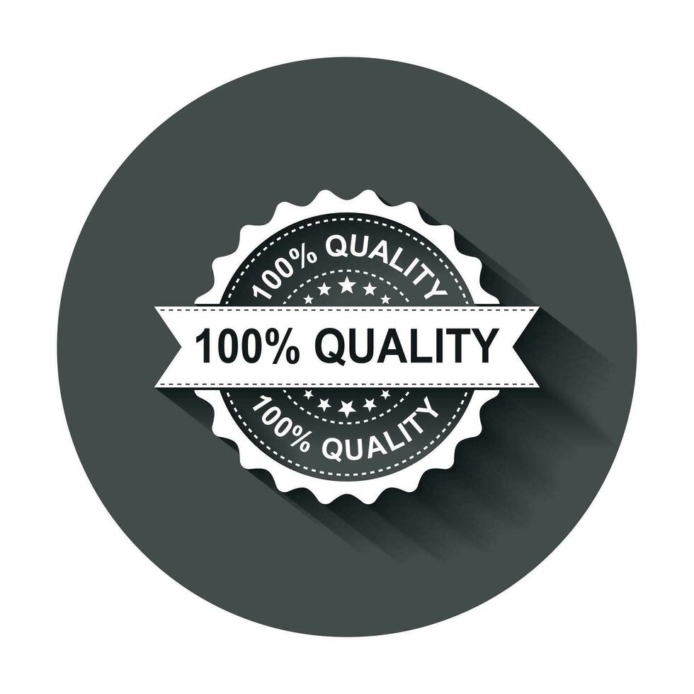 100 quality grunge rubber stamp. Vector illustration with long shadow. Business concept 100 percent quality stamp pictogram.