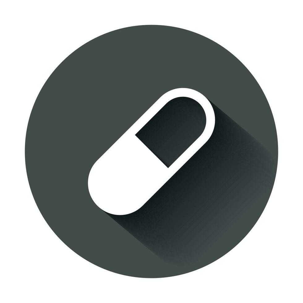 Pill vector icon in flat style. Tablet illustration with long shadow. Capsule medical concept.