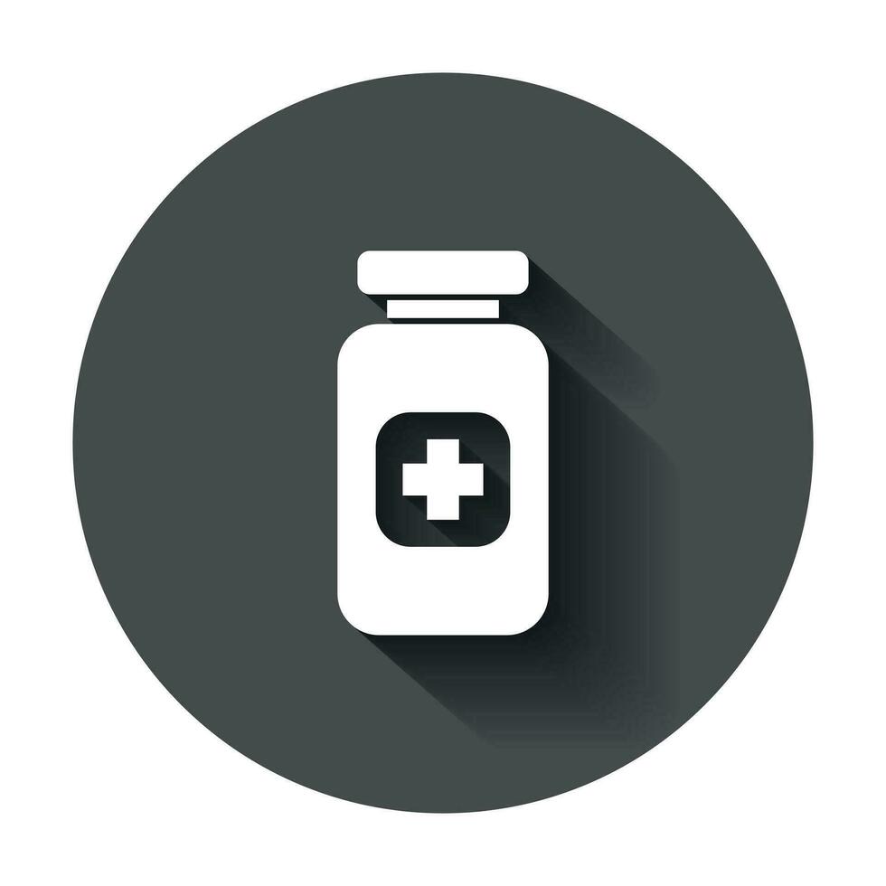 Pill vector icon in flat style. Tablet illustration with long shadow. Bottle medical concept.