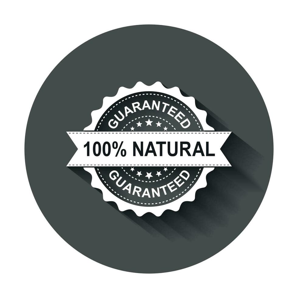 100 natural grunge rubber stamp. Vector illustration with long shadow. Business concept guaranteed natural stamp pictogram.