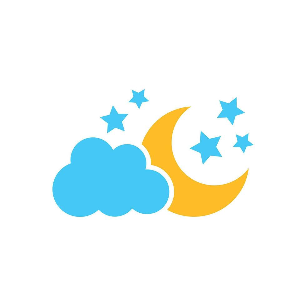 Moon and stars with clods vector icon in flat style. Nighttime illustration on white isolated background. Cloud, moon business concept.