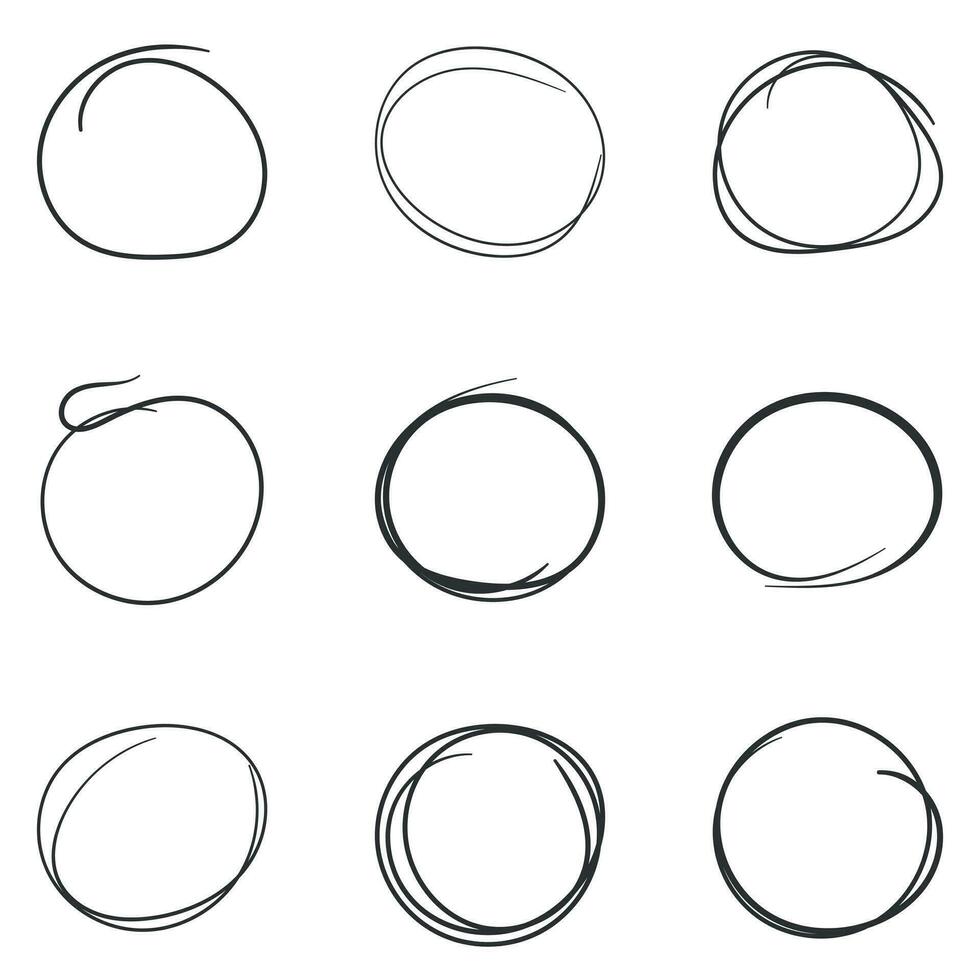 conjunto de el mano dibujado Escribiendo círculos línea bosquejo. vector circular Escribiendo garabatear redondo elemento. lápiz bosquejo ilustración en blanco antecedentes.