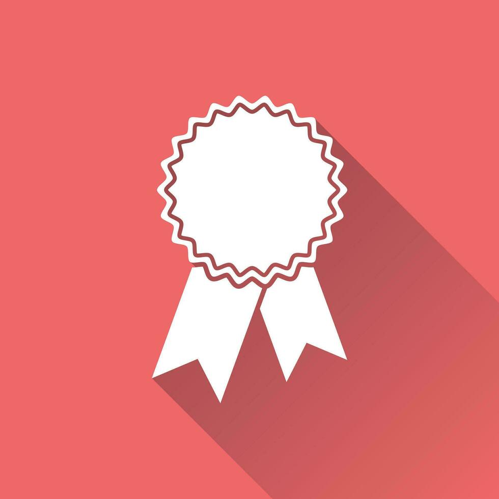 Badge with ribbon icon. Vector illustration in flat style on red background with long shadow.