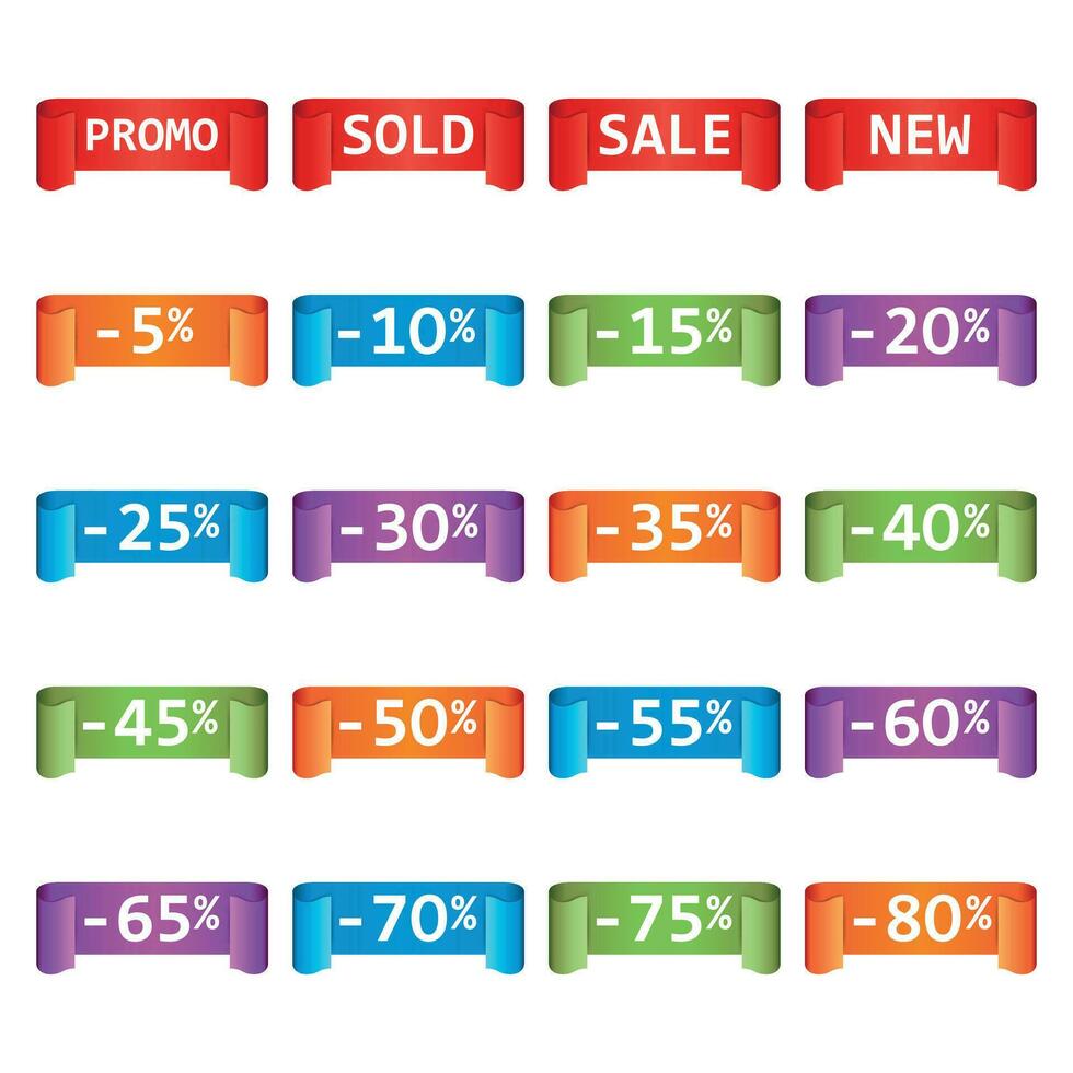 Set of colorful sale tag labels. Discount up to 5 - 80 percent. Shopping vector illustration on white background.