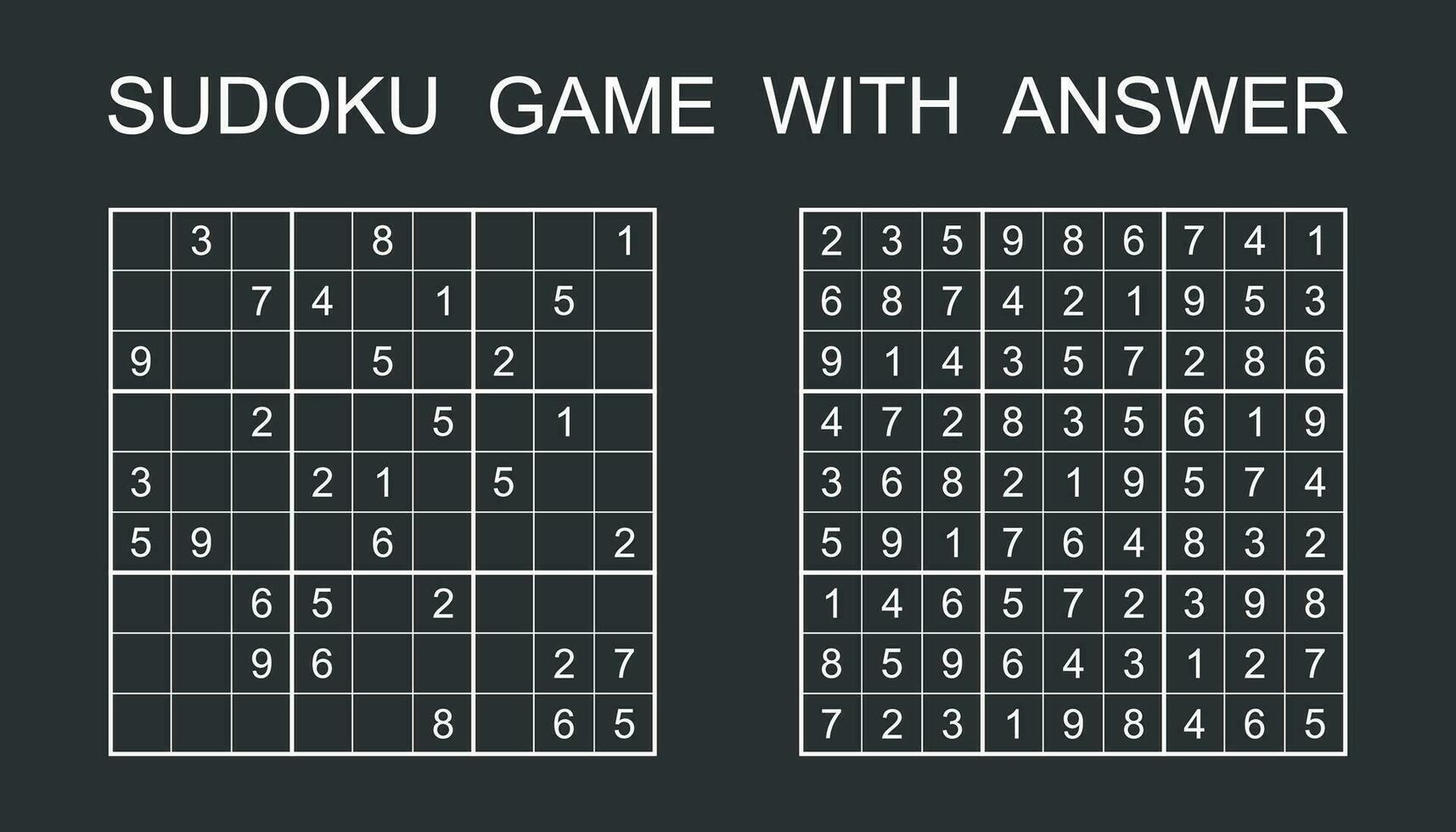 Sudoku game with answer. Vector puzzle game with numbers for kids and adults. Illustration on black background.