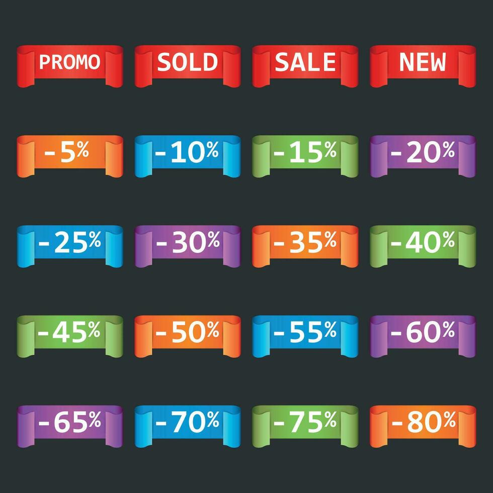 Set of colorful sale tag labels. Discount up to 5 - 80 percent. Shopping vector illustration on black background.